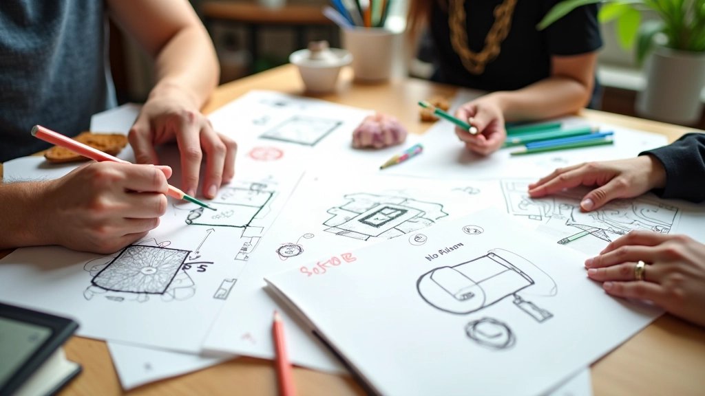 Disegni preliminari e storyboard su tavolo, matite colorate e penne di design, blocco note con schizzi di movimento, ambiente di brainstorming creativo