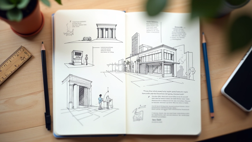 Dettaglio di sketchbook con appunti e schizzi di composizioni visive per motion design