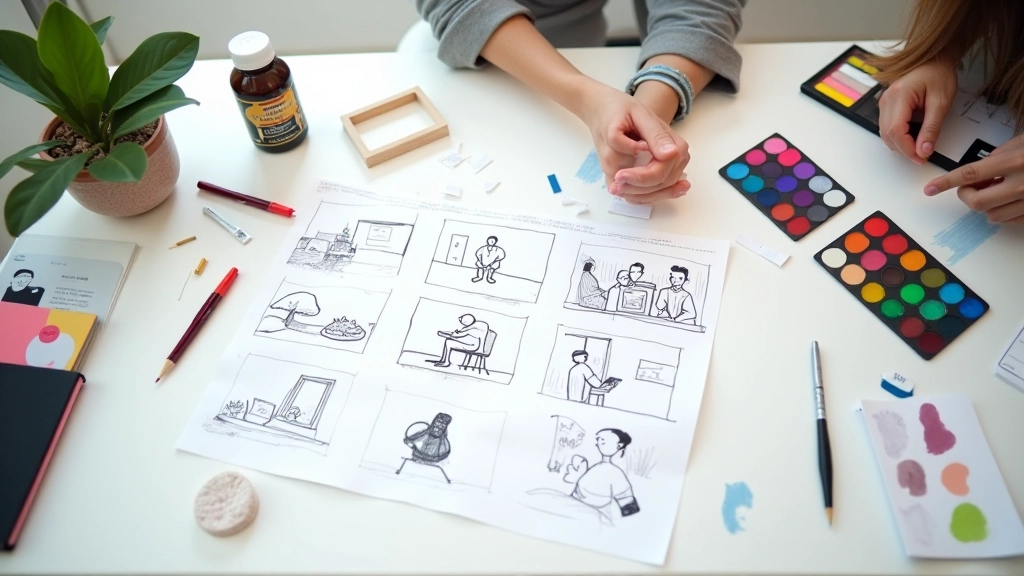 Tavola di storyboard con sketch di sequenze animate e note di colore per progetto motion