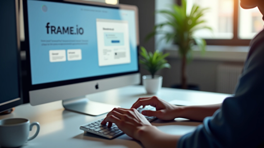 Mani che digitano su tastiera, schermo del computer mostra interfaccia di Frame.io con timeline video e commenti, scrivania moderna con monitor dual, caffè in sottofondo