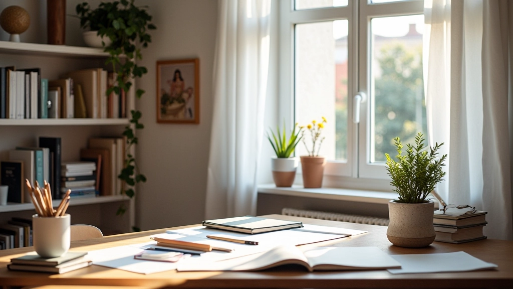 Studio di design italiano con monitor, libri di design classico e materiali di progettazione