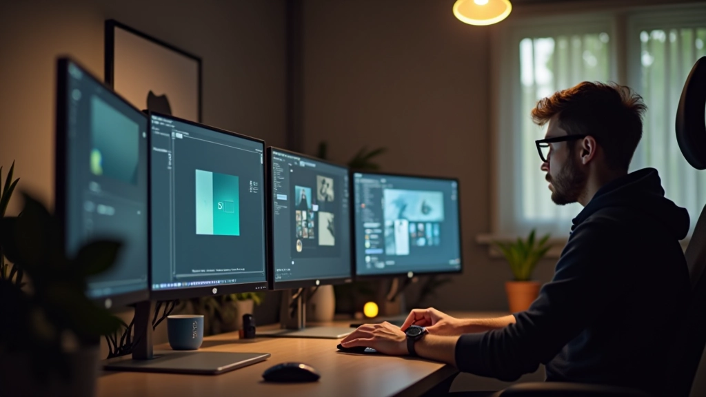 Designer italiano che crea animazioni al computer in uno studio moderno, tavolo di lavoro con equipment di design grafico