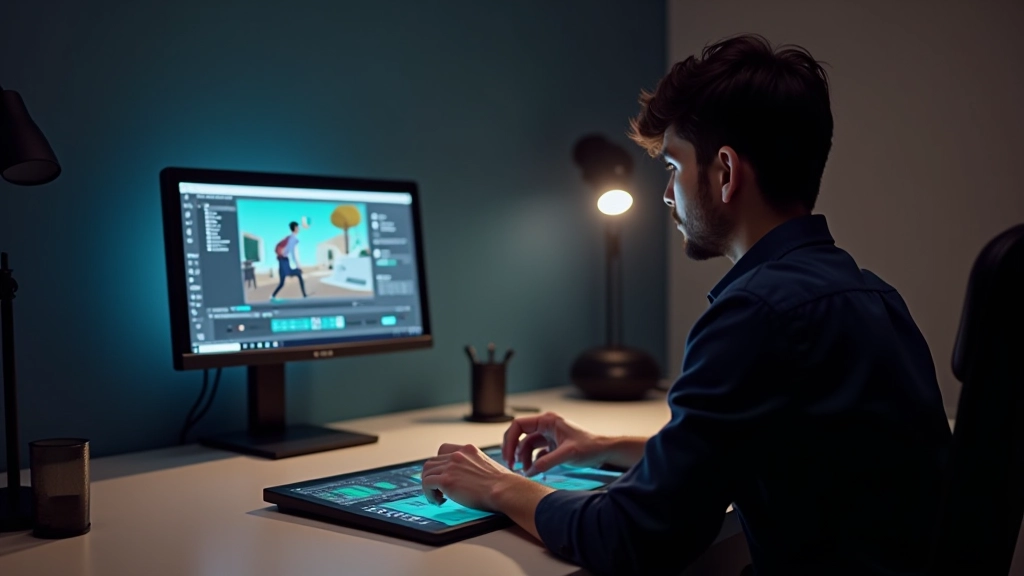 Designer italiano lavora al computer con software di animazione, studio moderno con monitor doppio e tavoletta grafica