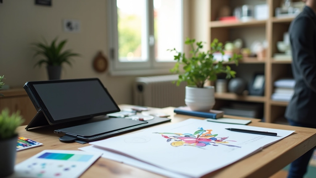 Studio di design moderno con tavoletta grafica Wacom, campioni di colore e quaderni di sketch, luce naturale dalla finestra