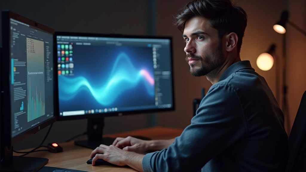 Designer seduto a scrivania con monitor doppio, uno mostra software di motion design con animazione in corso, altro monitor mostra client feedback, workspace pulito e organizzato