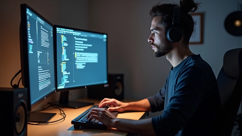 Animator che lavora a un progetto su monitor grande, codice o software motion design visibile, mani sulla tastiera, ambiente di lavoro creativo