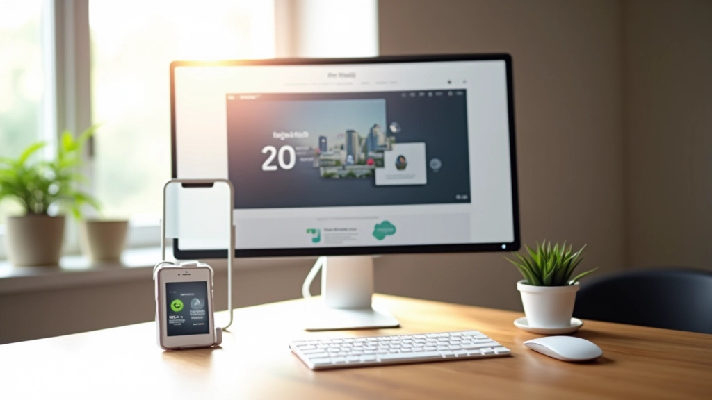 Schermo mostra portfolio online con progetti motion design variati, uno smartphone accanto, tavolo di legno con accessori di design